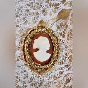 Vintage Cameo Pendant - Gold Ornate Frame - White Silhouette On Orange / Brown